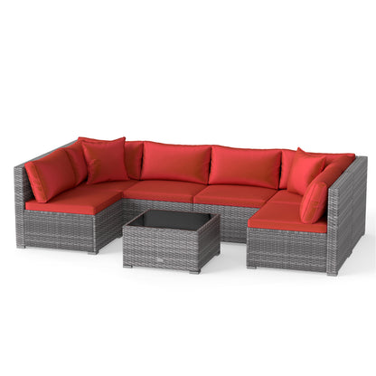 Ensemble de patio en rotin de PE de 7 pièces, table en verre, coussins, rouge