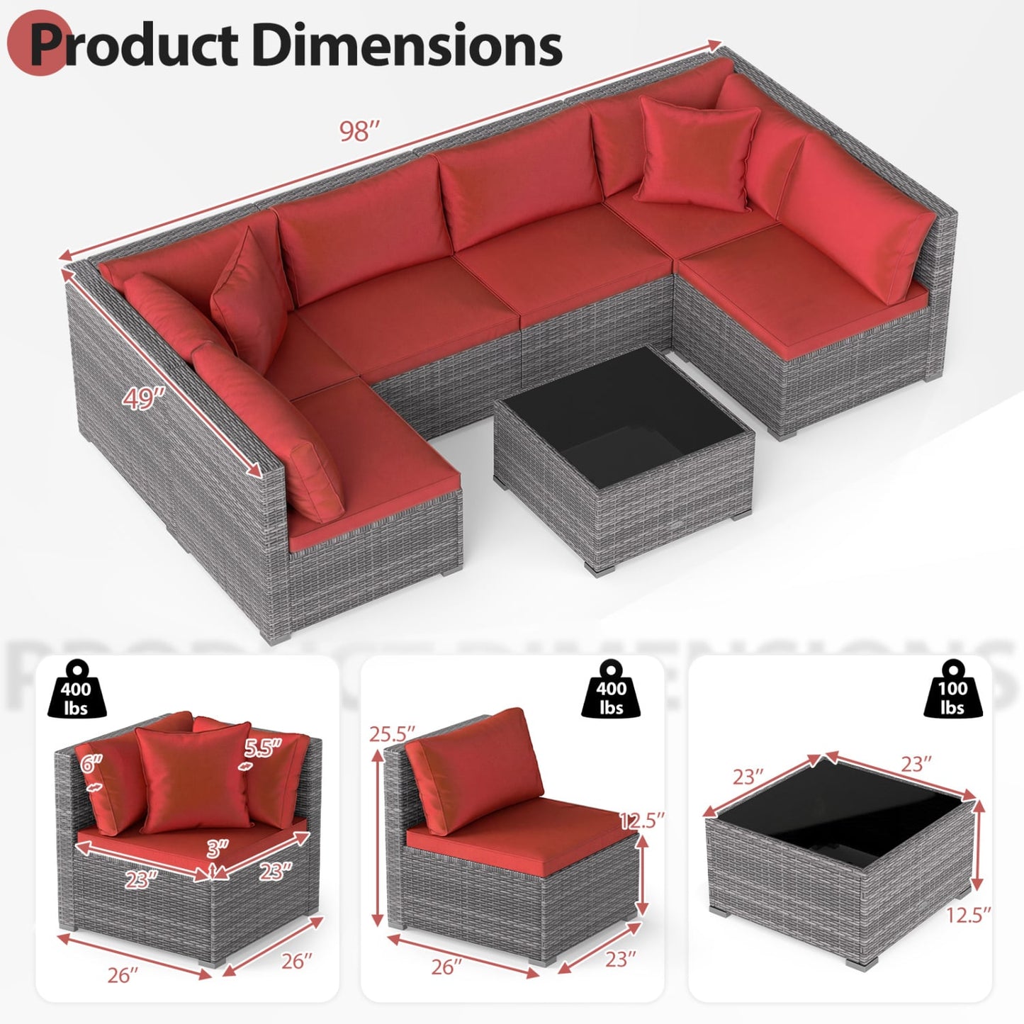 Ensemble de patio en rotin de PE de 7 pièces, table en verre, coussins, rouge