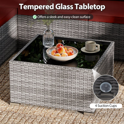 Ensemble de patio en rotin de PE de 7 pièces, table en verre, coussins, rouge