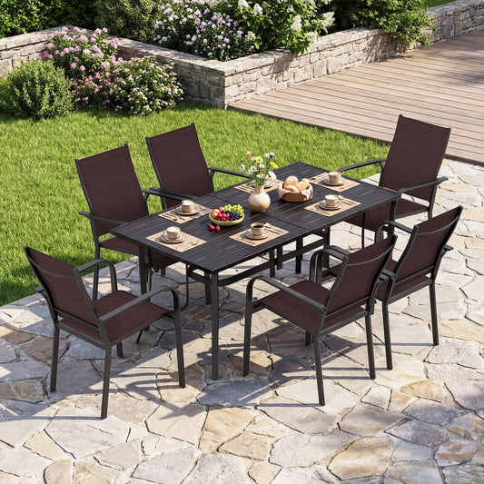 7-Piece Patio Dining Set With Rectangle Table & 6 Stackable Mesh Armchairs, Brown Patio Dining Sets Brown at Gallery Canada