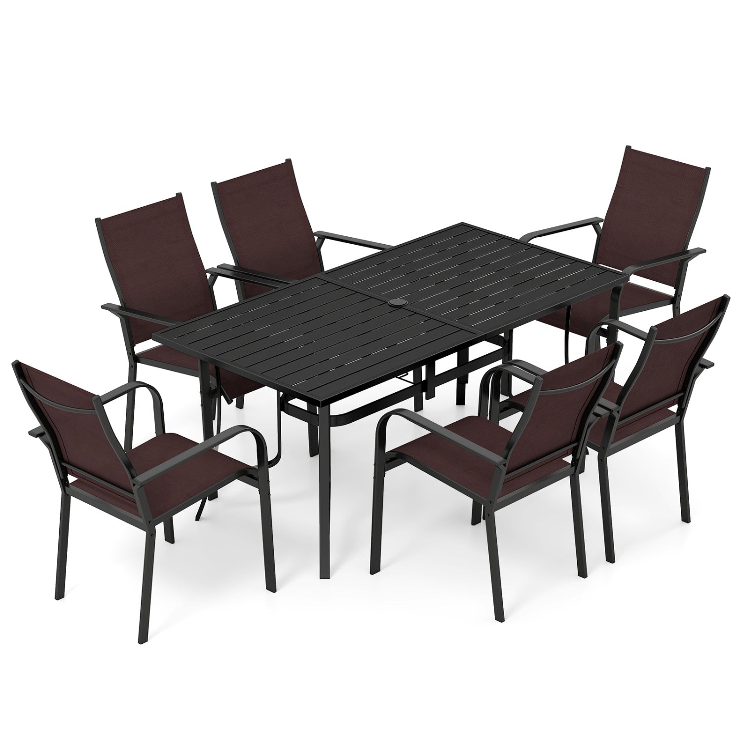 7-Piece Patio Dining Set With Rectangle Table & 6 Stackable Mesh Armchairs, Brown Patio Dining Sets at Gallery Canada