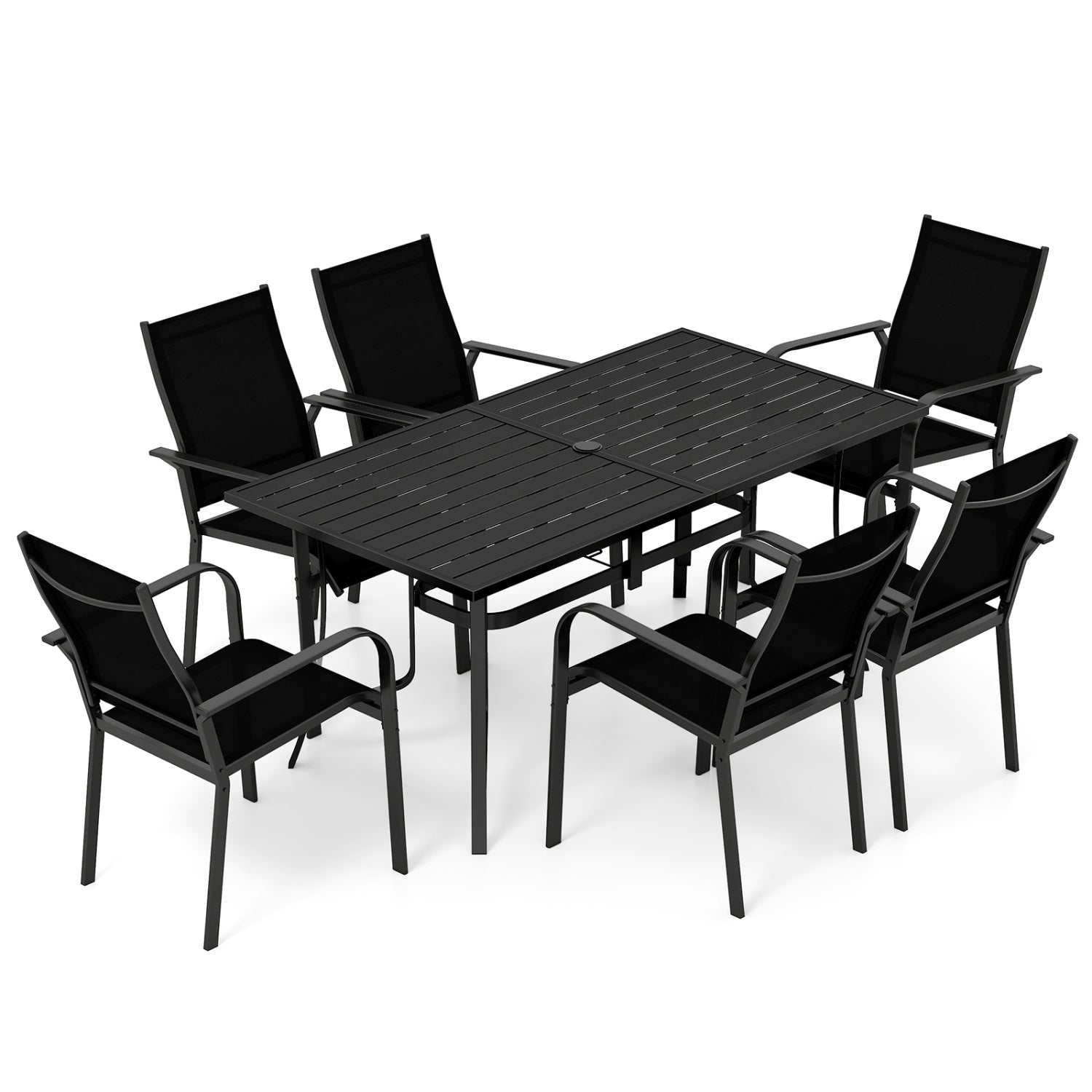 7-Piece Patio Dining Set, 6 Seats, Metal Table & Mesh Armchairs, Black Patio Dining Sets Black at Gallery Canada