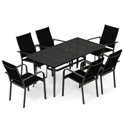 7-Piece Patio Dining Set, 6 Seats, Metal Table & Mesh Armchairs, Black Patio Dining Sets Black at Gallery Canada