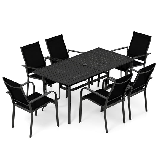 7-Piece Patio Dining Set, 6 Seats, Metal Table & Mesh Armchairs, Black Patio Dining Sets Black at Gallery Canada