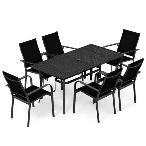 7-Piece Patio Dining Set, 6 Seats, Metal Table & Mesh Armchairs, Black
