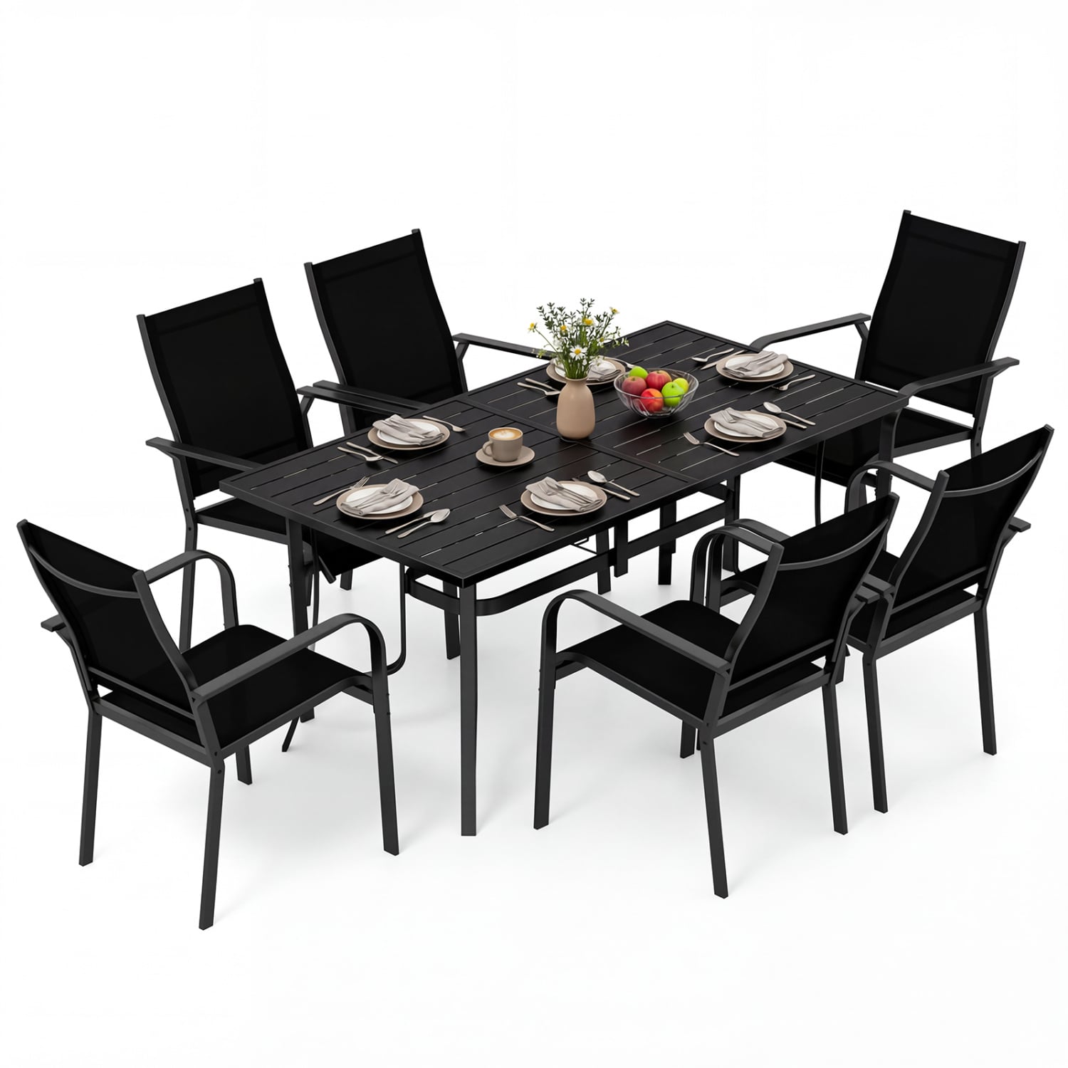 7-Piece Patio Dining Set, 6 Seats, Metal Table & Mesh Armchairs, Black Patio Dining Sets at Gallery Canada