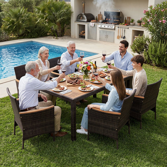 7-Piece Patio Dining Set with Wood Tabletop and Padded Cushion for Backyard, Brown Patio Dining Sets Brown at Gallery Canada