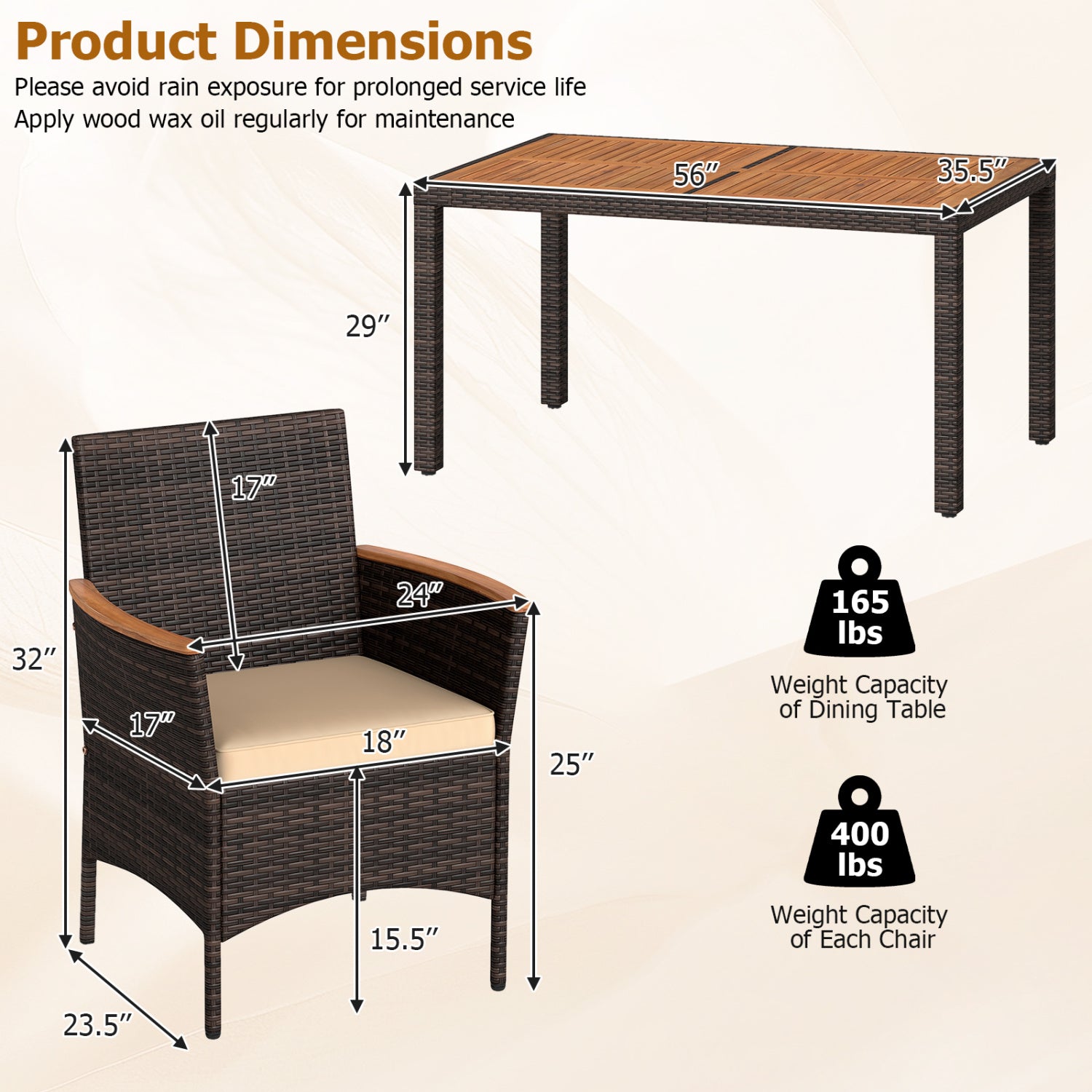 7-Piece Patio Dining Set with Wood Tabletop and Padded Cushion for Backyard, Brown Patio Dining Sets at Gallery Canada