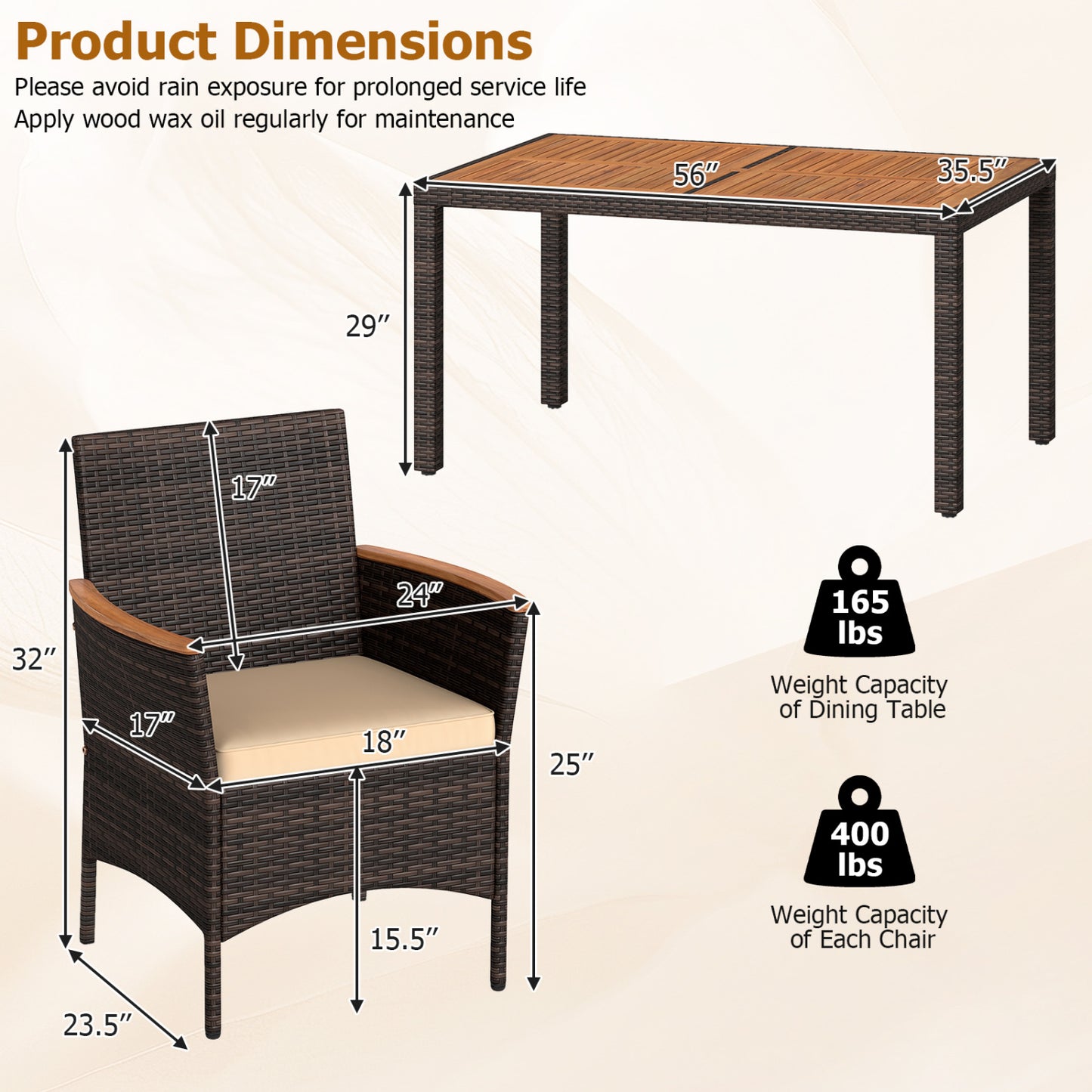 7-Piece Patio Dining Set with Wood Tabletop and Padded Cushion for Backyard, Brown Patio Dining Sets at Gallery Canada