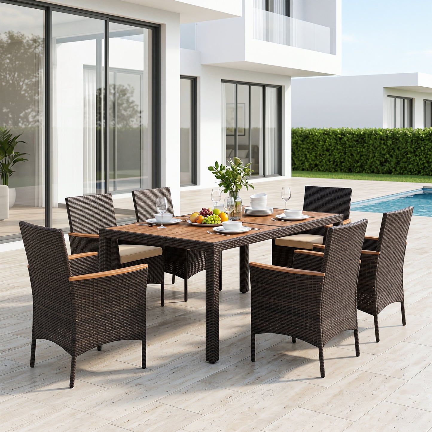 7-Piece Patio Dining Set with Wood Tabletop and Padded Cushion for Backyard, Brown Patio Dining Sets at Gallery Canada