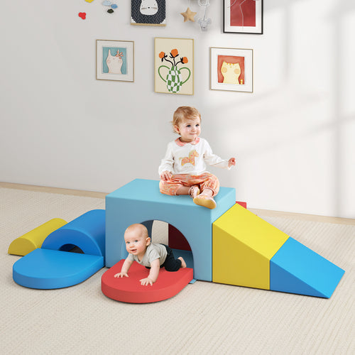 7-Piece Soft Foam Toddler Climbing Blocks Set PU Leather for 1+ Year Old, Blue