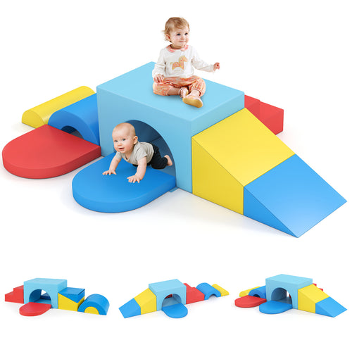 7-Piece Soft Foam Toddler Climbing Blocks Set PU Leather for 1+ Year Old, Blue