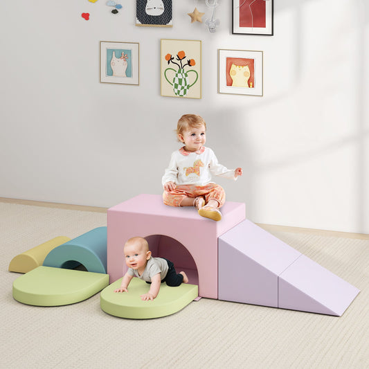 7-Piece Soft Foam Toddler Climbing Blocks Set PU Leather for 1+ Year Old, Light Pink