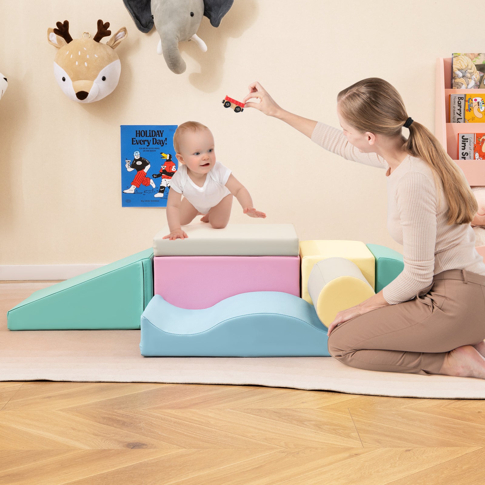 7-Piece Soft Play Equipment, Indoor Foam Climbing Blocks, Blue Climbers & Slides at Gallery Canada