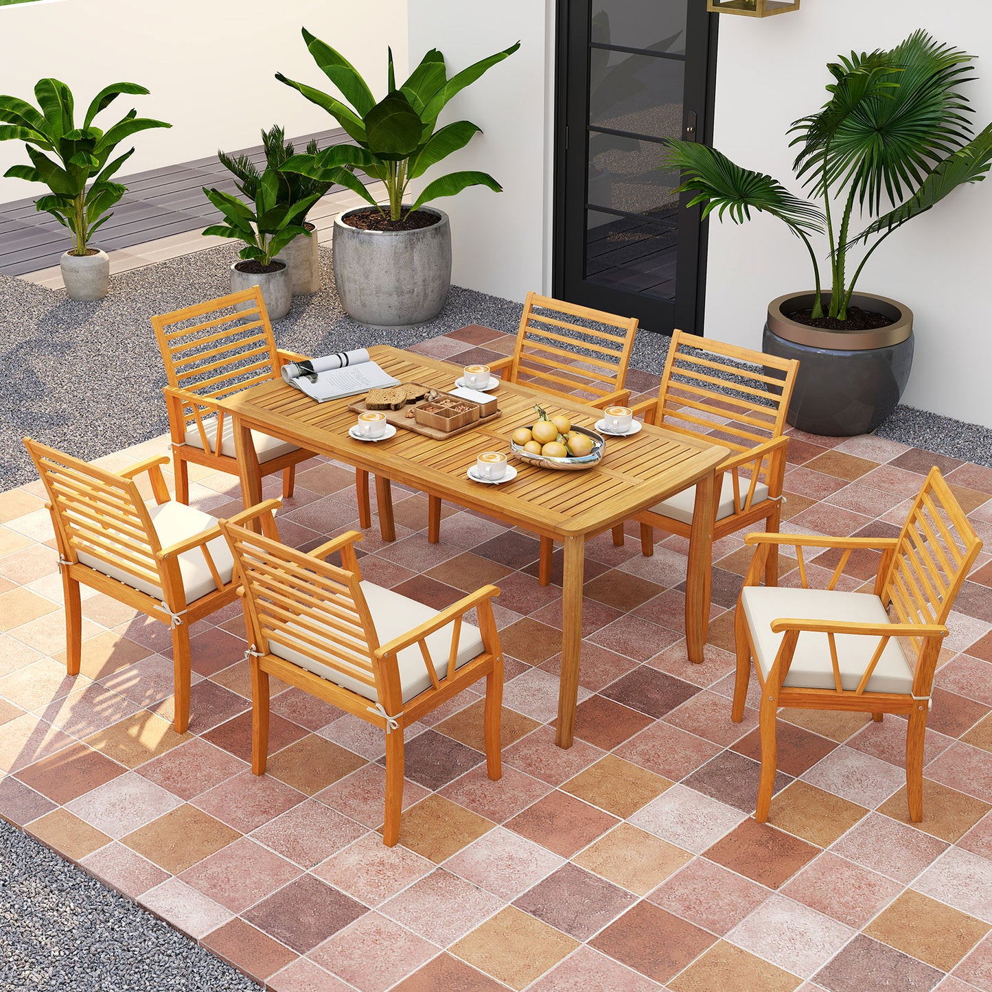 7 Pieces Acacia Wood Patio Dining Set with 1.97 Inch Umbrella Hole and Padded Cushions Patio Dining Sets at Gallery Canada