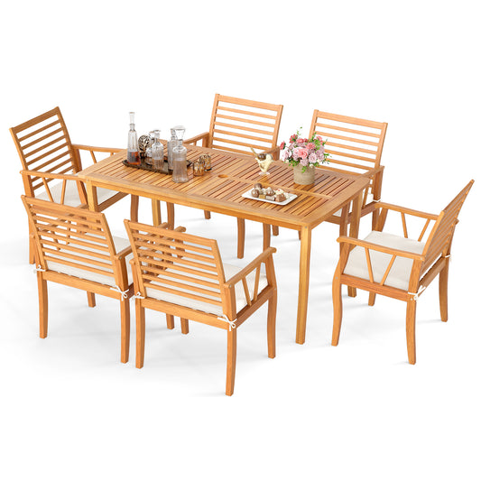 7 Piece Acacia Wood Patio Dining Set, 1.97 Inch Umbrella Hole, Padded Cushions Patio Dining Sets Options at Gallery Canada