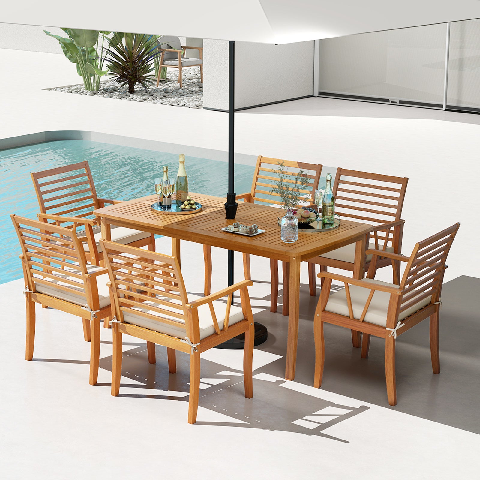 7 Pieces Acacia Wood Patio Dining Set with 1.97 Inch Umbrella Hole and Padded Cushions Patio Dining Sets at Gallery Canada