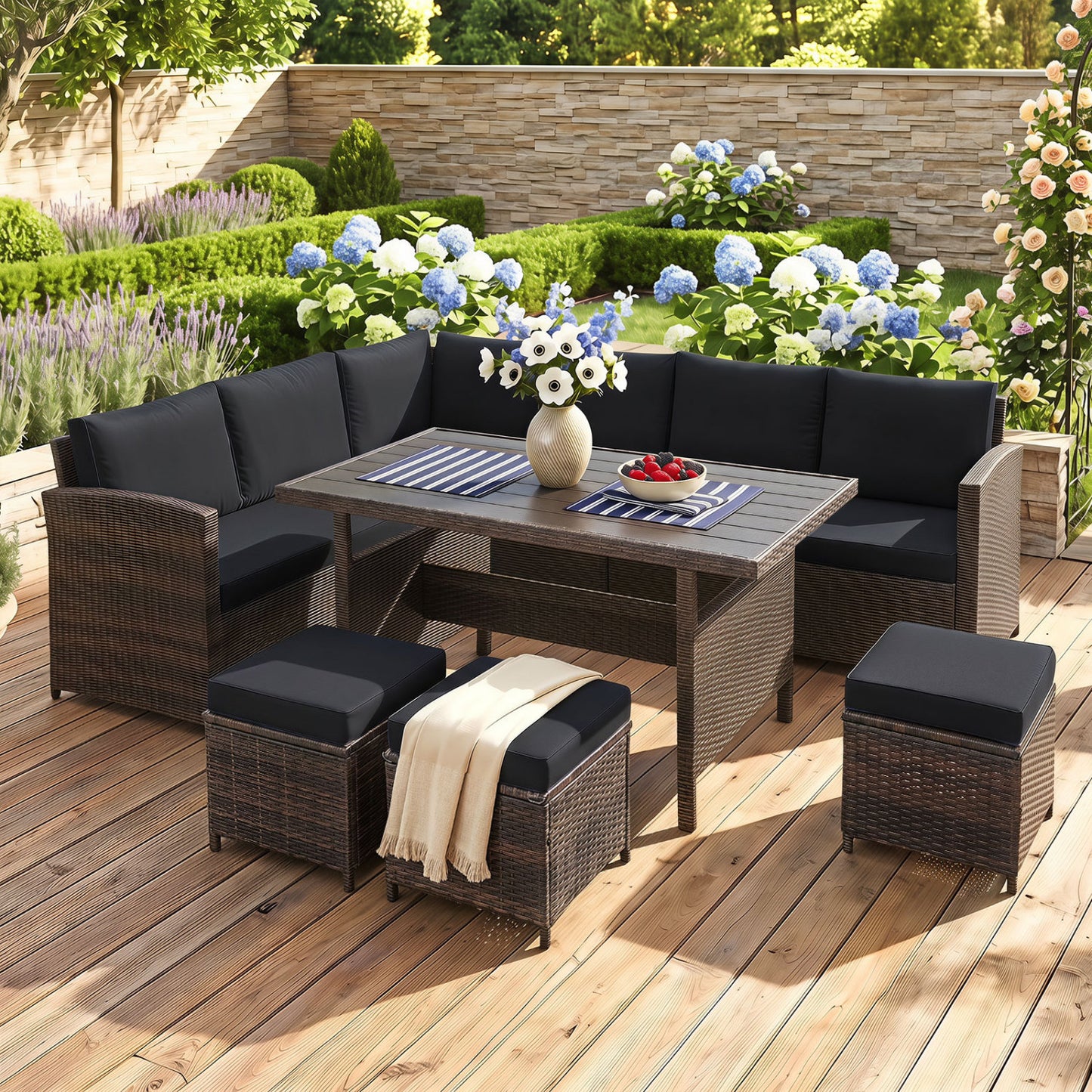 7-Piece Hand-Woven Wicker Patio Set, Black