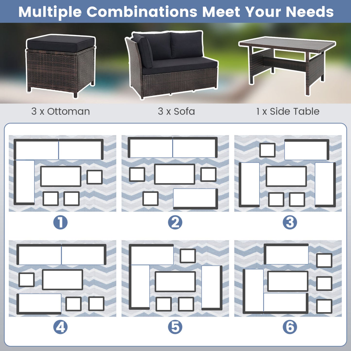 7-Piece Hand-Woven Wicker Patio Set, Black