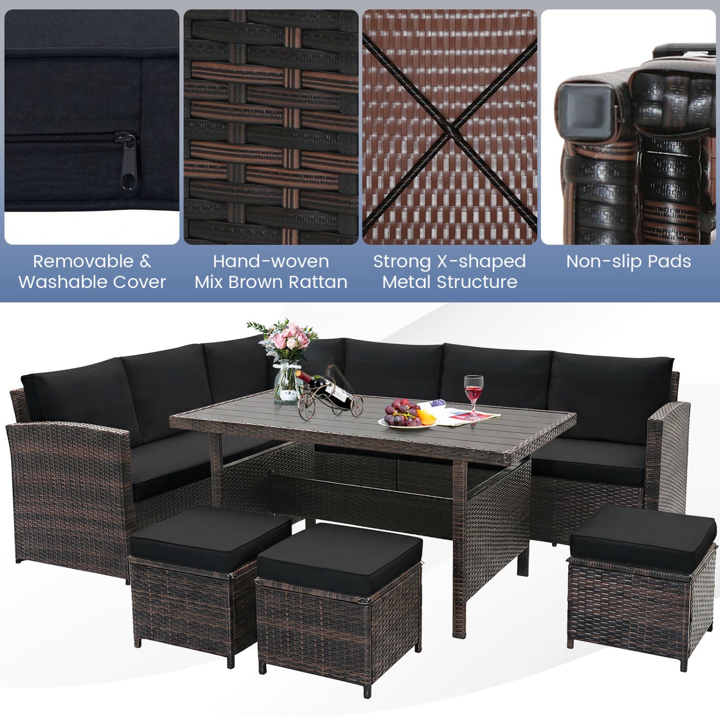 7-Piece Hand-Woven Wicker Patio Set, Black