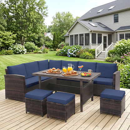 Ensemble de mobilier de patio en osier 7 pièces, Bleu
