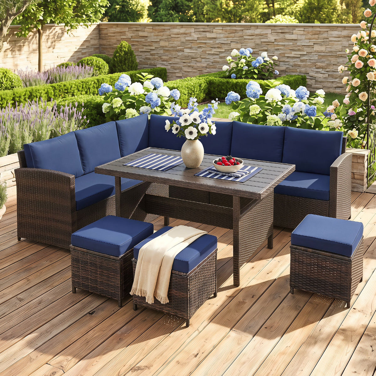 Ensemble de mobilier de patio en osier 7 pièces, Bleu