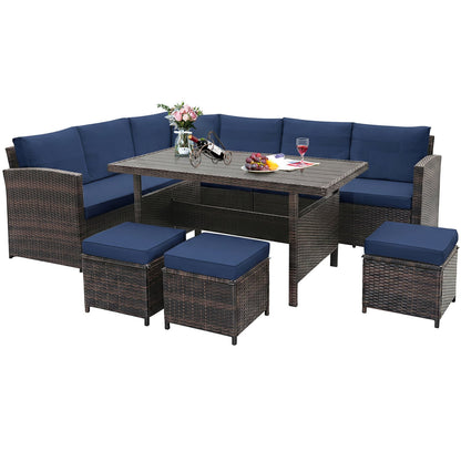 Ensemble de mobilier de patio en osier 7 pièces, Bleu