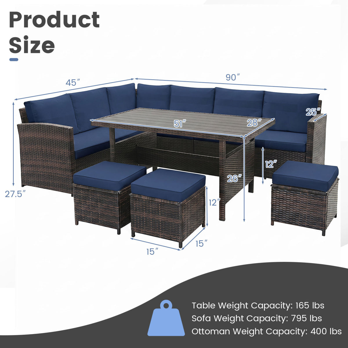 Ensemble de mobilier de patio en osier 7 pièces, Bleu