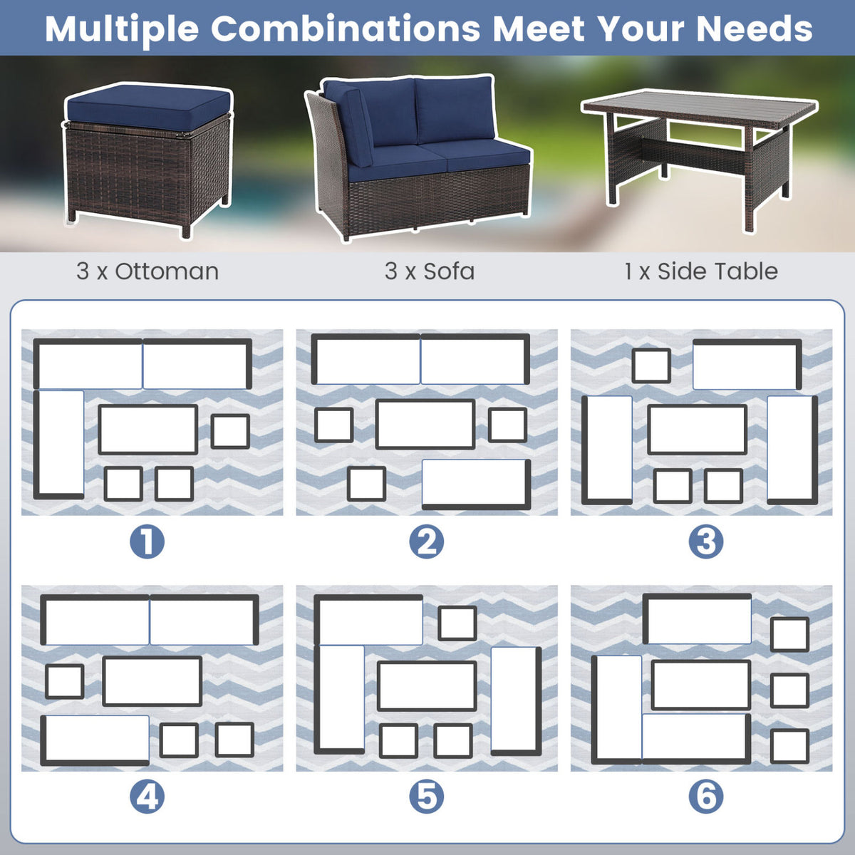 Ensemble de mobilier de patio en osier 7 pièces, Bleu