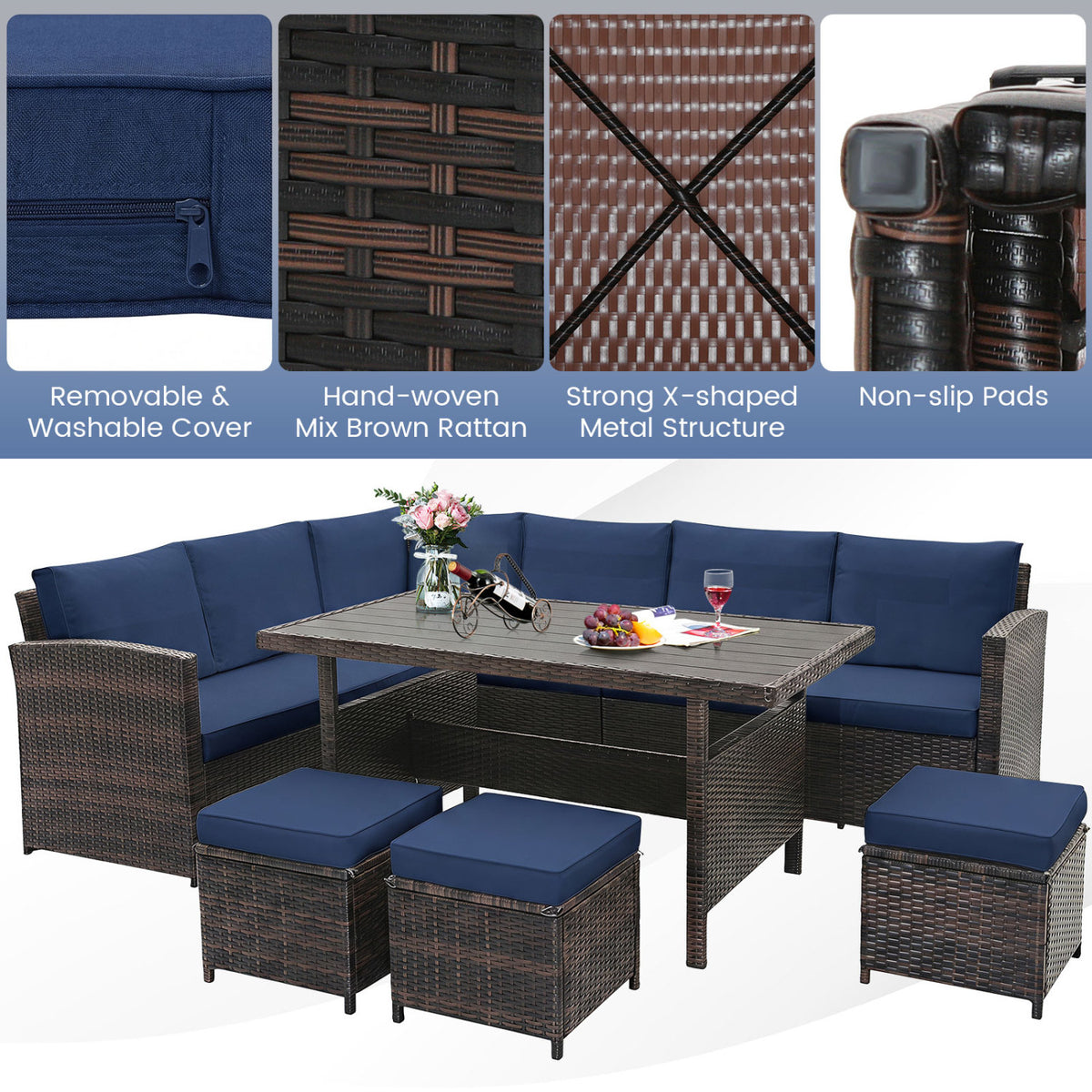 Ensemble de mobilier de patio en osier 7 pièces, Bleu