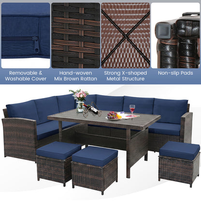 Ensemble de mobilier de patio en osier 7 pièces, Bleu