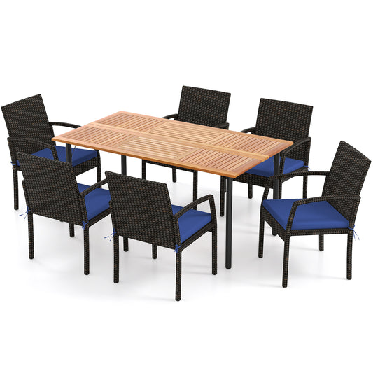 7-Piece Outdoor Dining Set, Acacia Wood Table With Umbrella Hole, Navy Patio Dining Sets Navy at Gallery Canada