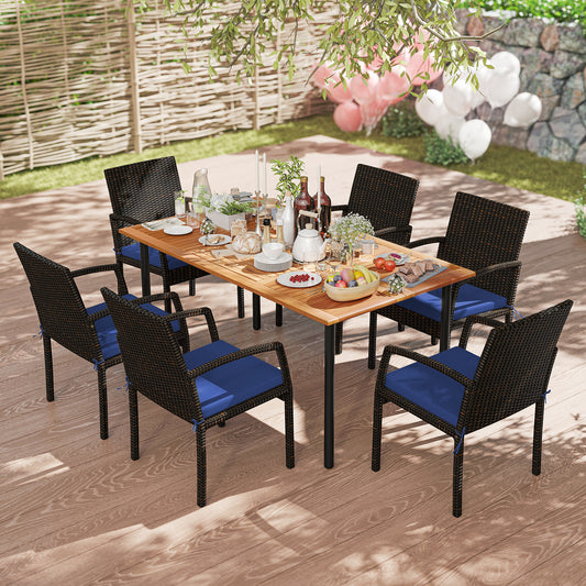 7-Piece Outdoor Dining Set, Acacia Wood Table With Umbrella Hole, Navy Patio Dining Sets Navy at Gallery Canada