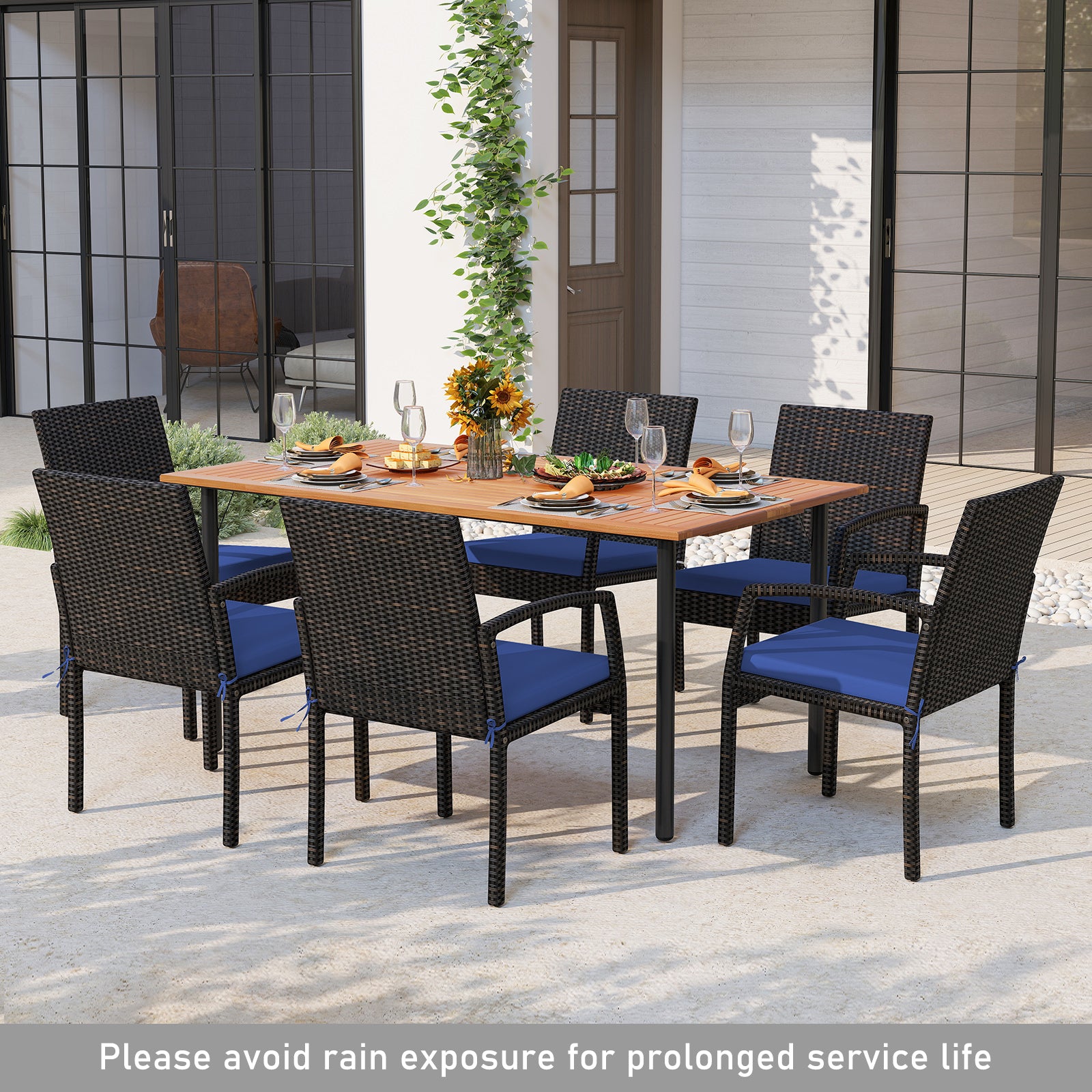 7-Piece Outdoor Dining Set, Acacia Wood Table With Umbrella Hole, Navy Patio Dining Sets at Gallery Canada