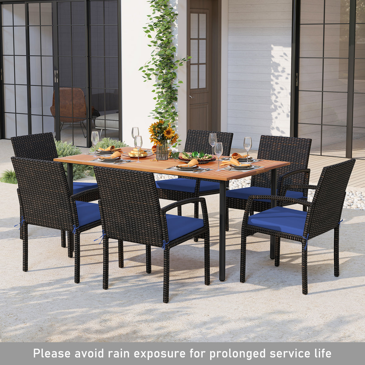 7-Piece Outdoor Dining Set, Acacia Wood Table With Umbrella Hole, Navy Patio Dining Sets at Gallery Canada