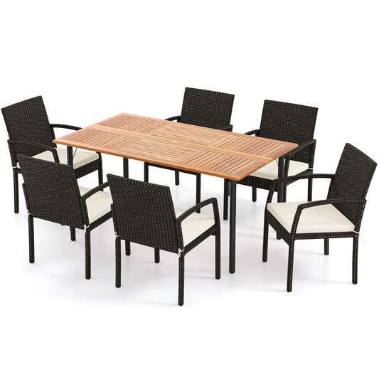 7-Piece Acacia Wood Outdoor Dining Set, With Umbrella Hole And Cushions, Off White Patio Dining Sets Off White at Gallery Canada