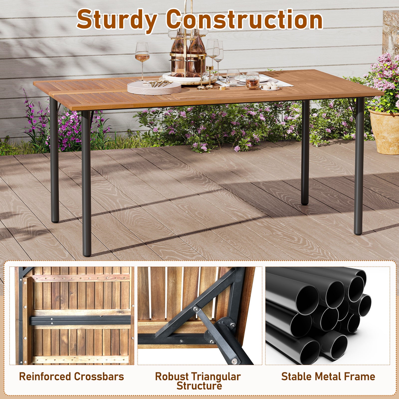 7-Piece Acacia Wood Outdoor Dining Set, With Umbrella Hole And Cushions, Off White Patio Dining Sets at Gallery Canada
