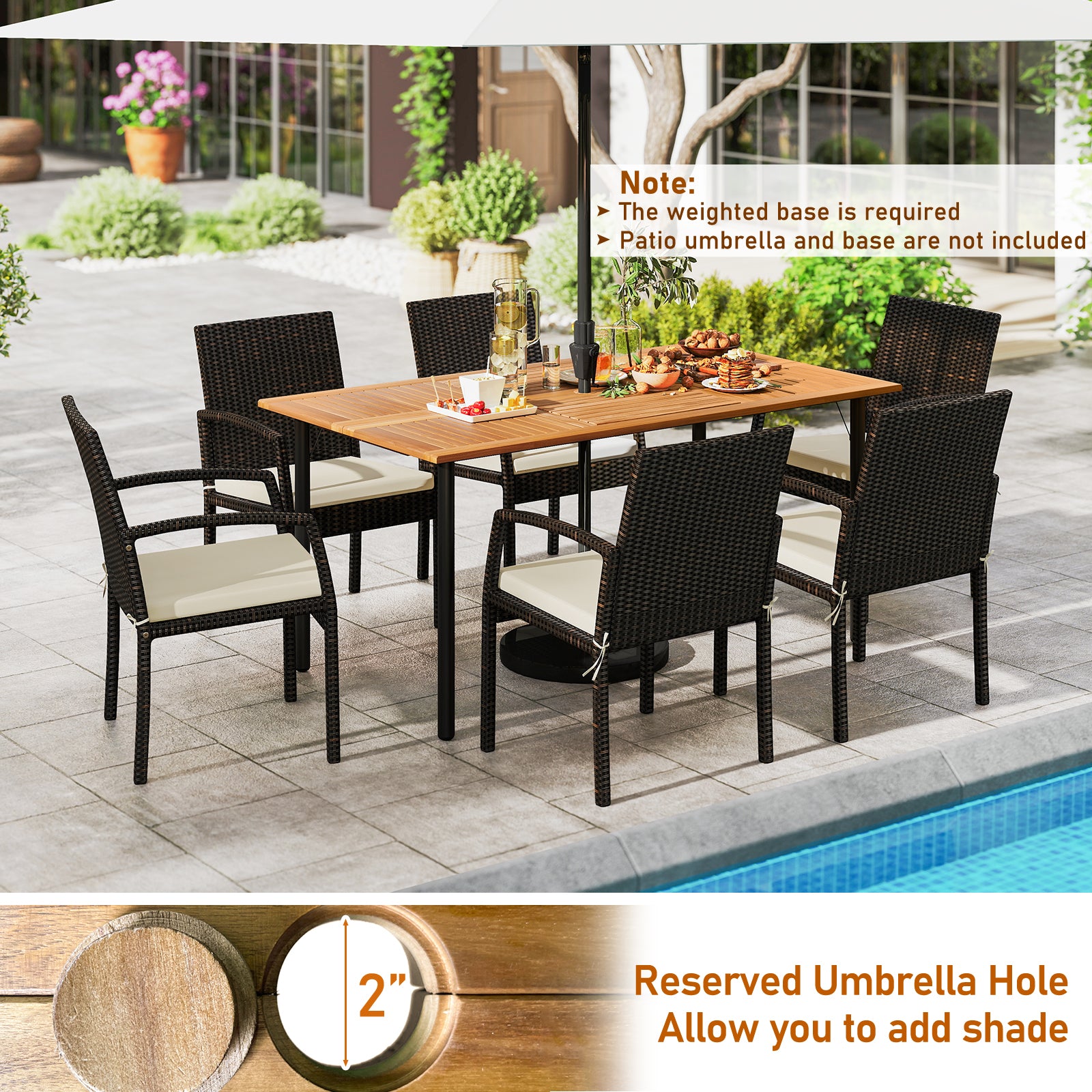 7-Piece Acacia Wood Outdoor Dining Set, With Umbrella Hole And Cushions, Off White Patio Dining Sets at Gallery Canada