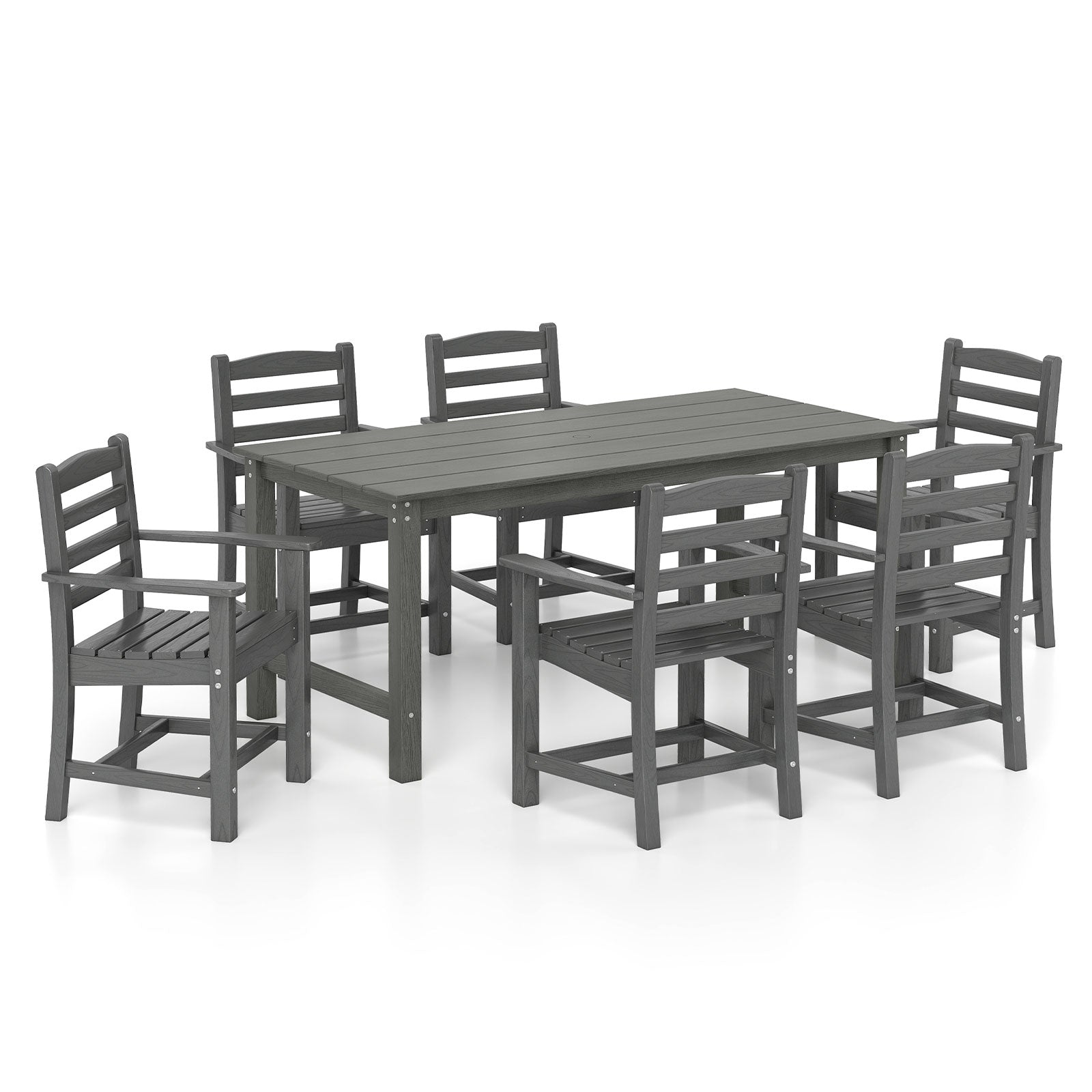 7 Piece Outdoor Dining Set, 67 Inch HDPE Table and 6 Armchairs, Gray Patio Dining Sets at Gallery Canada