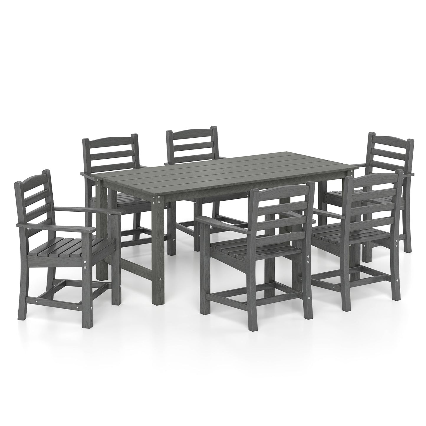 7 Piece Outdoor Dining Set, 67 Inch HDPE Table and 6 Armchairs, Gray Patio Dining Sets at Gallery Canada