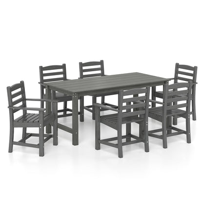 7 Piece Outdoor Dining Set, 67 Inch HDPE Table and 6 Armchairs, Gray Patio Dining Sets at Gallery Canada