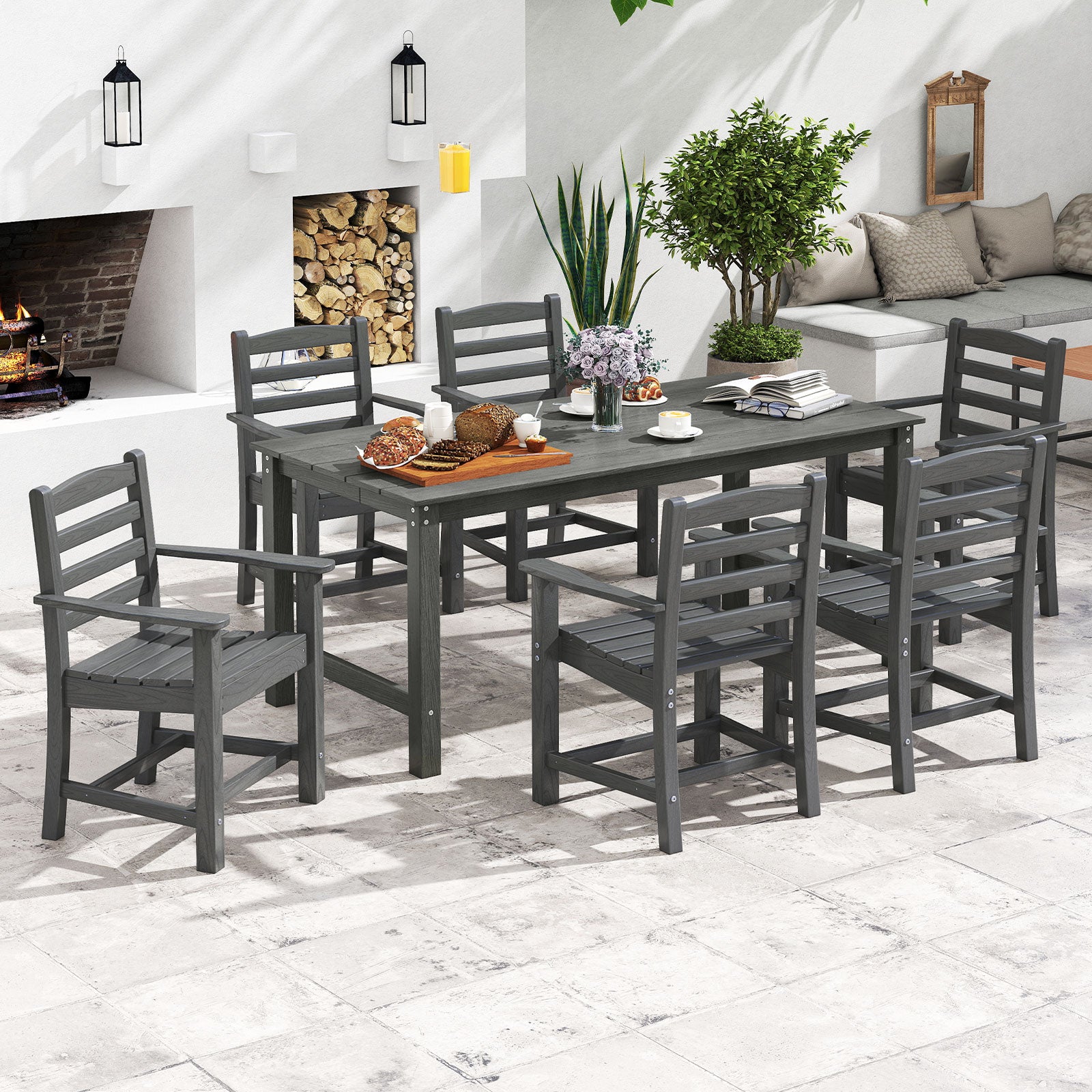 7 Piece Outdoor Dining Set, 67 Inch HDPE Table and 6 Armchairs, Gray Patio Dining Sets at Gallery Canada