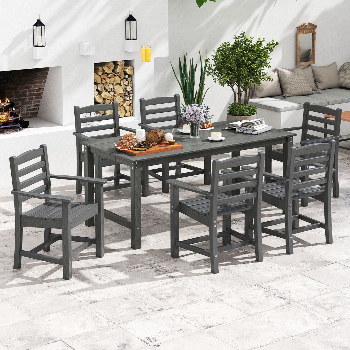 7 Piece Outdoor Dining Set, 67 Inch HDPE Table and 6 Armchairs, Gray Patio Dining Sets at Gallery Canada