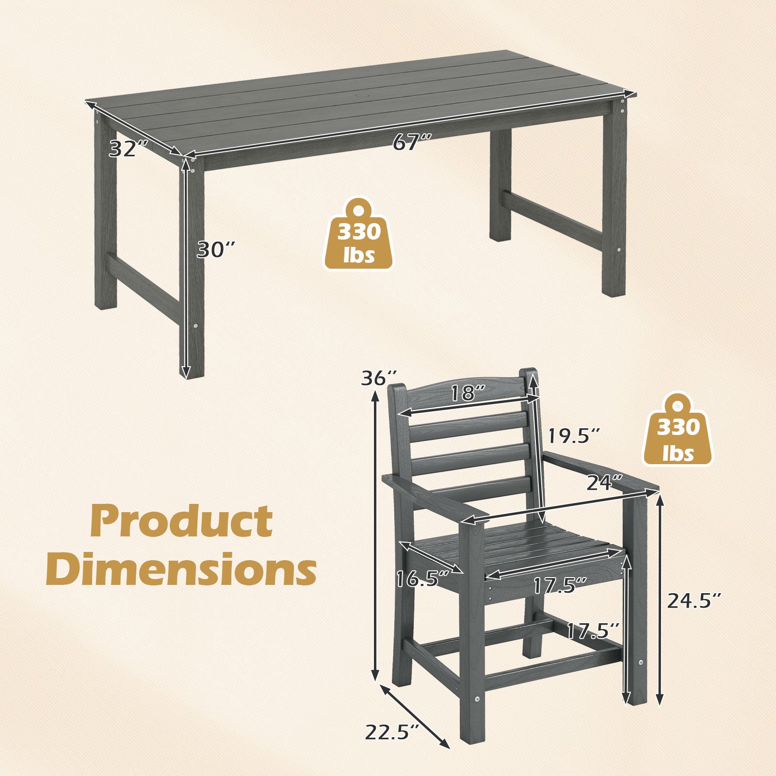 7 Piece Outdoor Dining Set, 67 Inch HDPE Table and 6 Armchairs, Gray Patio Dining Sets at Gallery Canada