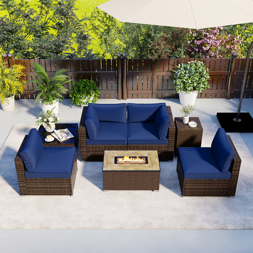 7 Pieces Outdoor Furniture Set with 32 Inch Fire Pit Table and Propane Tank Cover, Navy