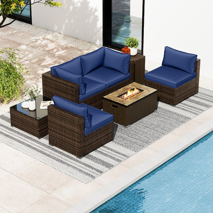7 Pieces Outdoor Furniture Set with 32 Inch Fire Pit Table and Propane Tank Cover, Navy Patio Furniture Sets at Gallery Canada