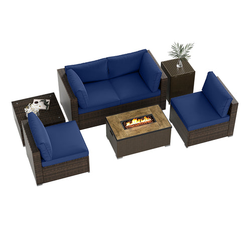 7 Piece Outdoor Furniture Set, 32 Inch Fire Pit Table, Navy