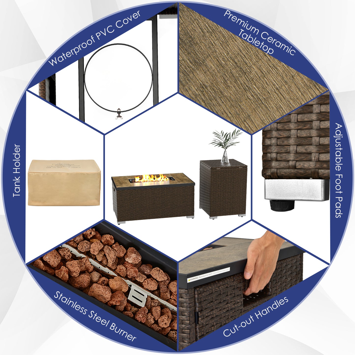 7 Pieces Outdoor Furniture Set with 32 Inch Fire Pit Table and Propane Tank Cover, Navy Patio Furniture Sets at Gallery Canada