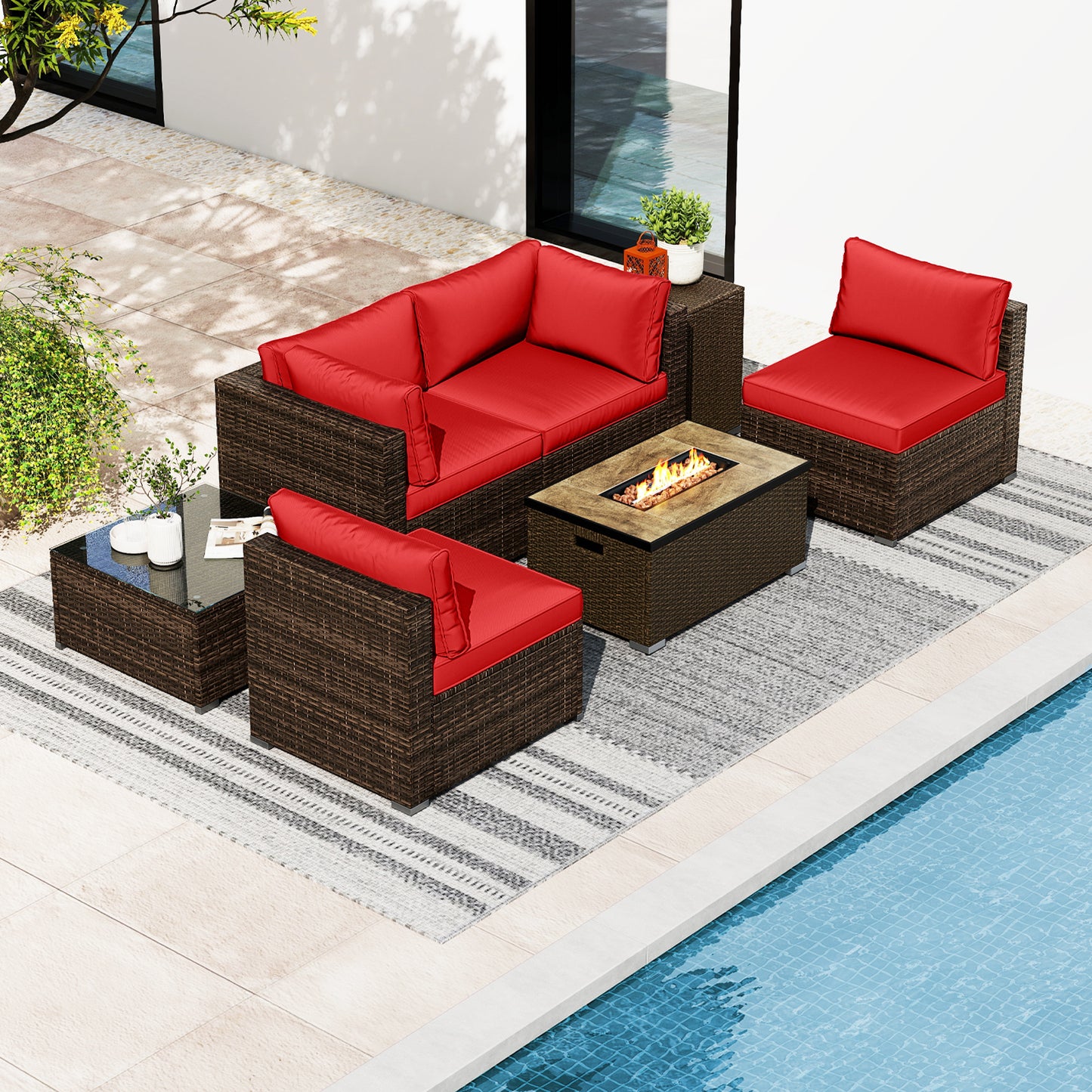 7 Pieces Outdoor Furniture Set with 32 Inch Fire Pit Table and Propane Tank Cover, Red Patio Furniture Sets at Gallery Canada