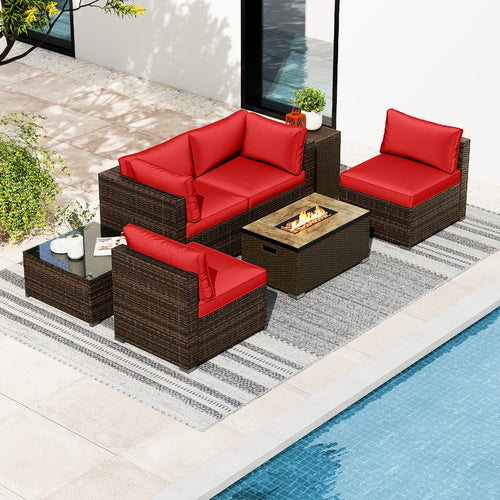 7 Pieces Outdoor Furniture Set with 32 Inch Fire Pit Table and Propane Tank Cover, Red